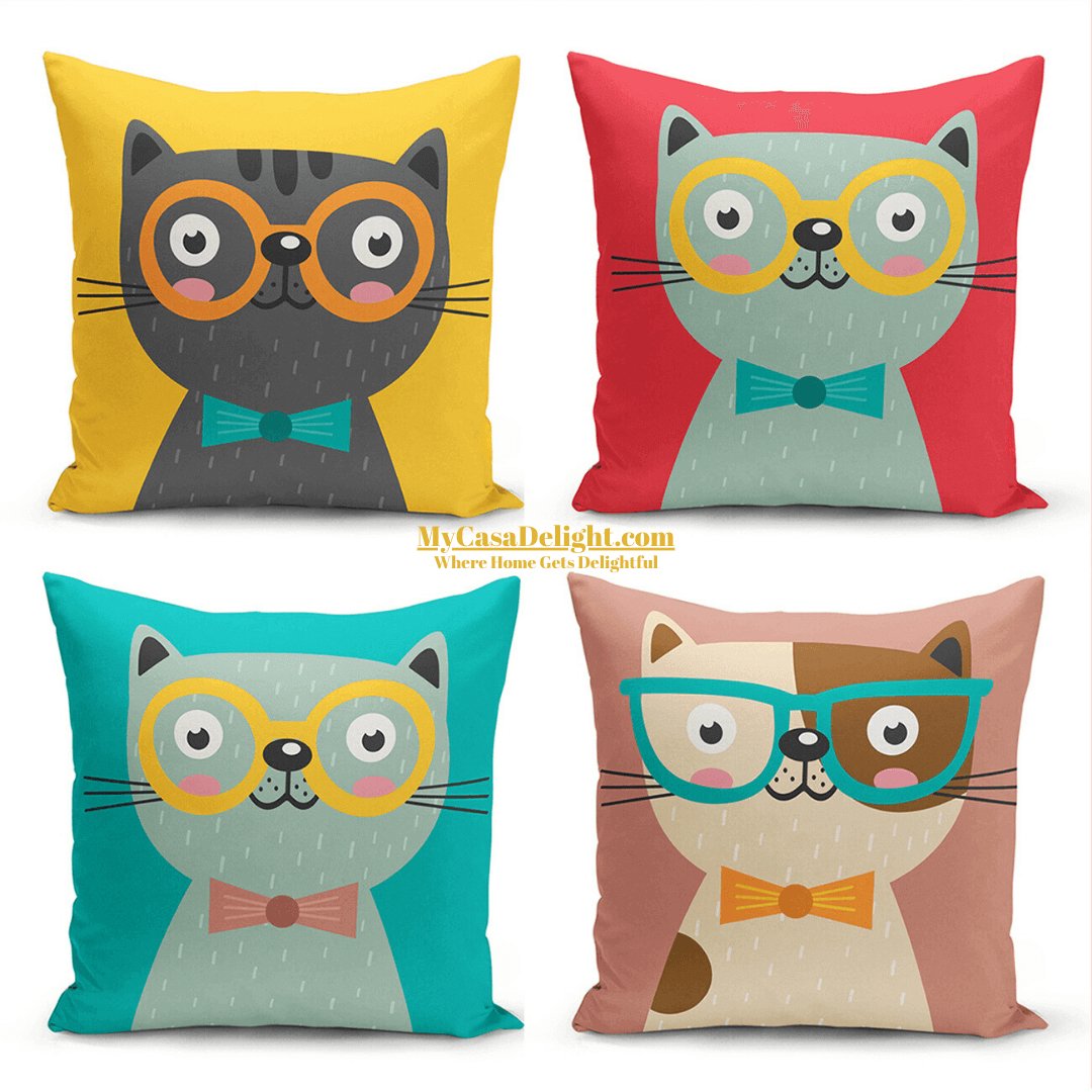 Adorable Cats Throw Pillow Cases: Explore our 4-pack collection for kids at MyCasaKids. Shop now for delightful decor!