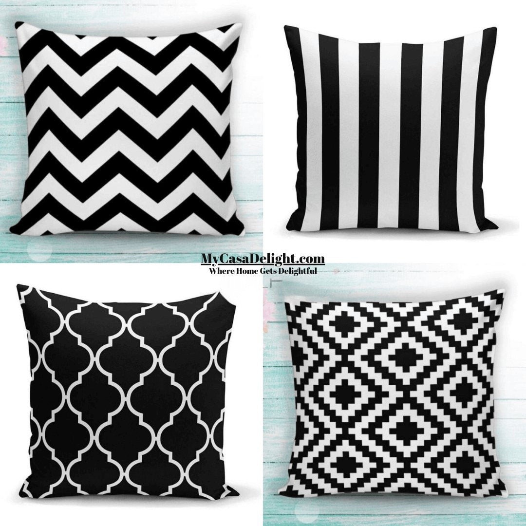 Black and White Patterned Throw Pillow Cases: Discover our 4-pack collection at MyCasaDecor for timeless elegance. Shop now!