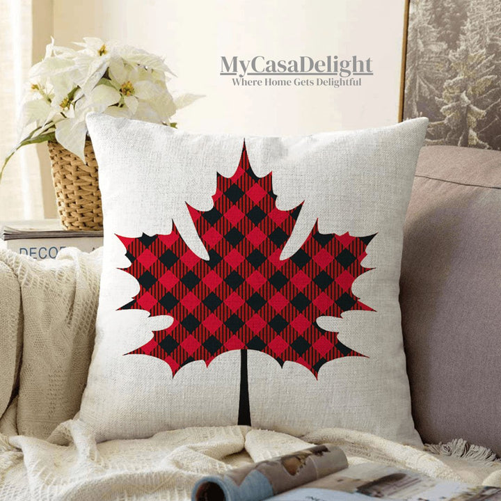 Canadian Plaid Maple Leaf Accent Throw Pillow Cover | MyCasaDecor 22.00 mycasadelight.com New Jersey, Rugs & Pillows Türkiye