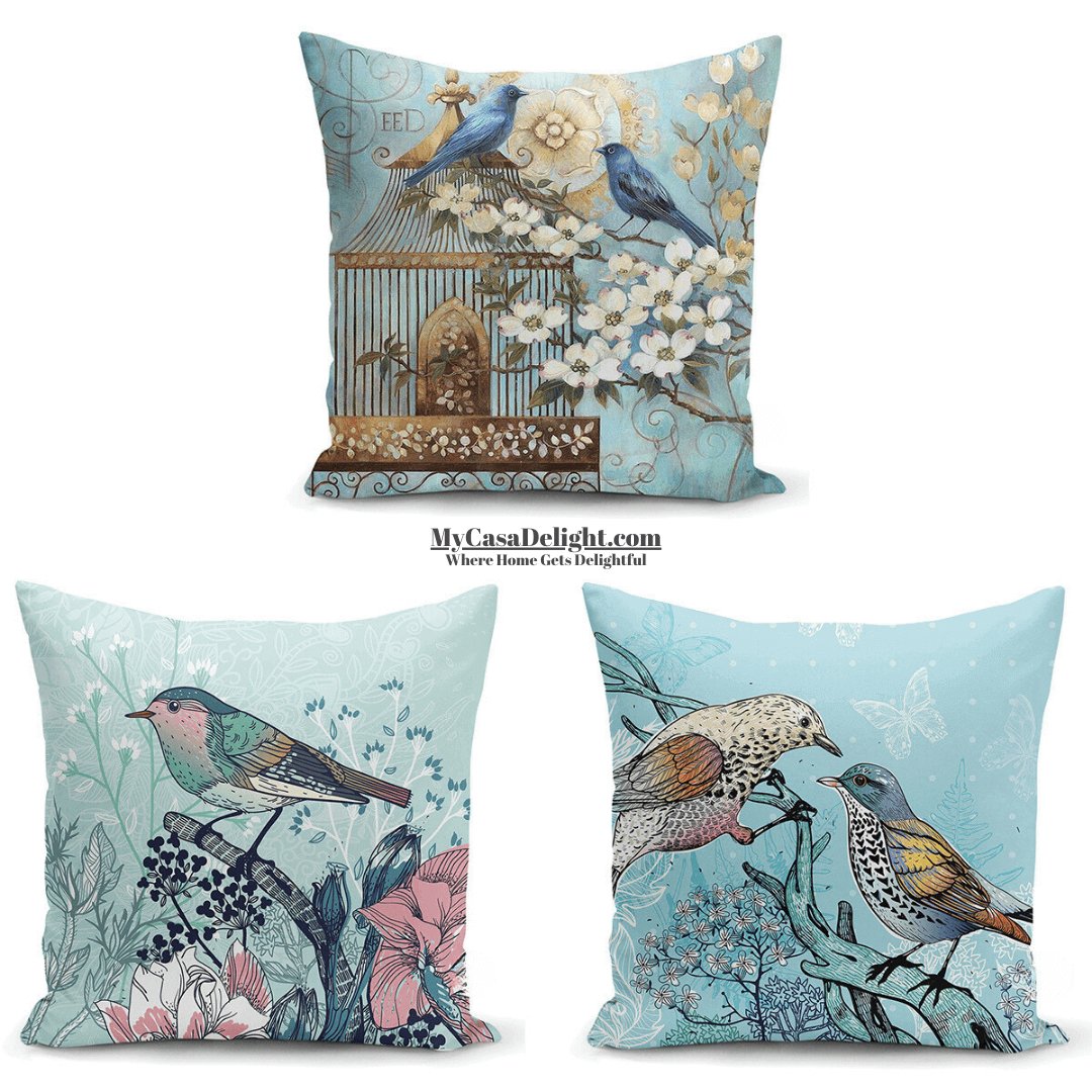 Colorful Sparrows Throw Pillow Covers: Discover our 3-pack collection at MyCasaSeasonal for vibrant home decor. Shop now!