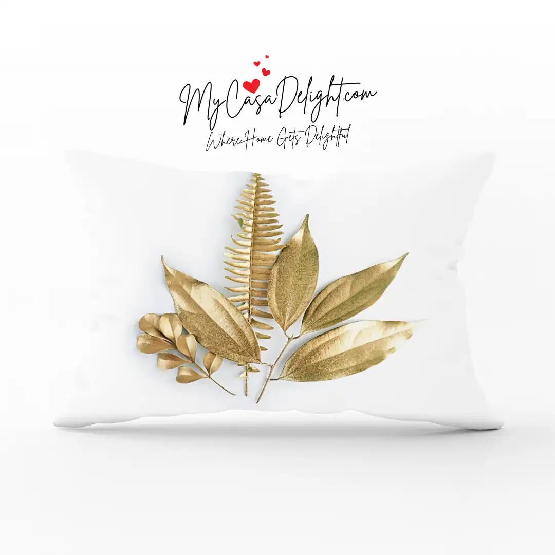 Gold Leaves Printed Rectangular Pillow Covers | Accent pillow covers | MyCasaSeasonal Collection at MyCasaDelight.com