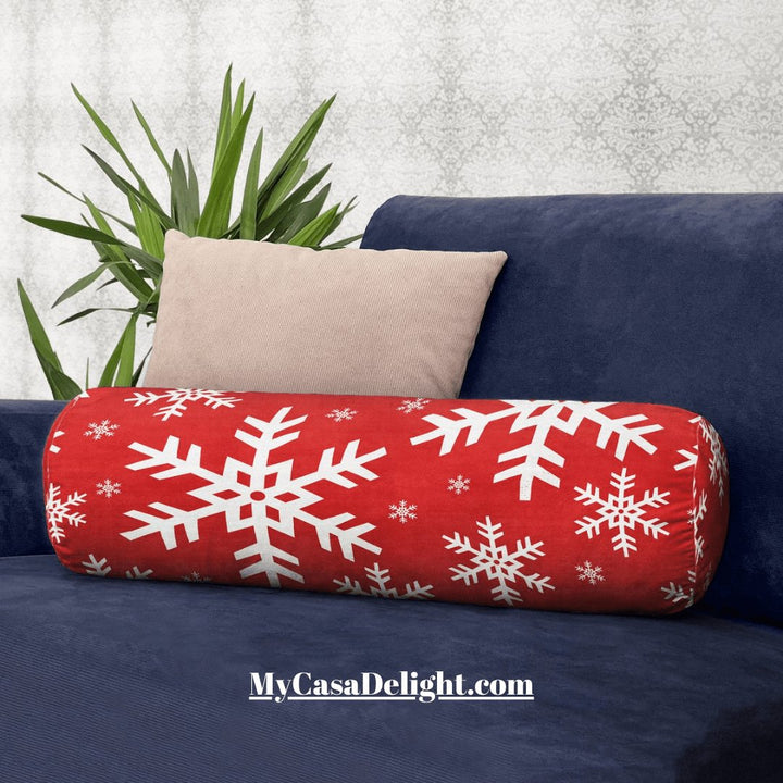 Snowflake bolster throw pillow - cozy winter decor for your home. Shop now for seasonal comfort! MyCasaSeasonal Collection