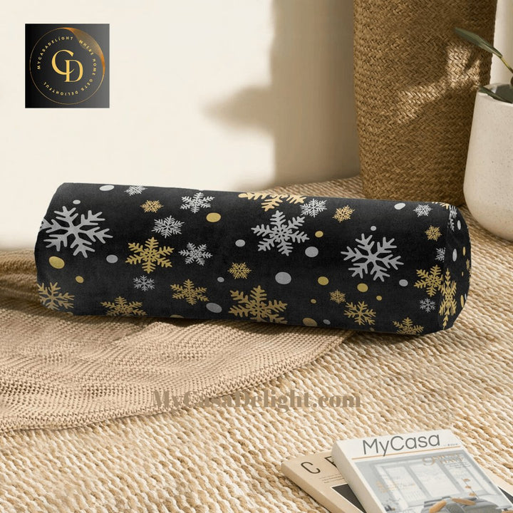 Gold Snowflakes Suede Bolster Pillow | 40.00 MyCasaSeasonal Collection, mycasadelight.com New Jersey, Rugs & Pillows Türkiye