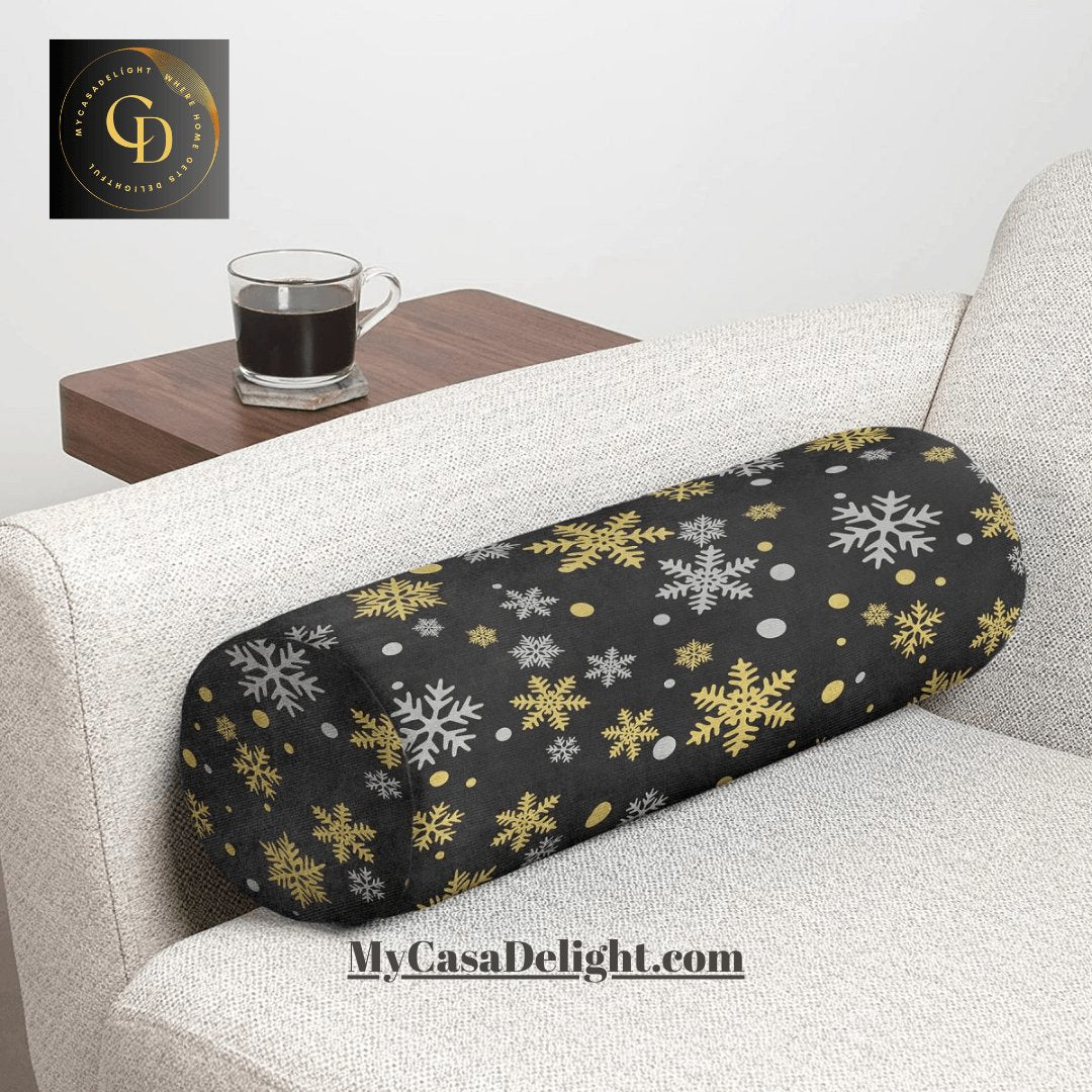 Gold Snowflakes Suede Bolster Pillow | 40.00 MyCasaSeasonal Collection, mycasadelight.com New Jersey, Rugs & Pillows Türkiye