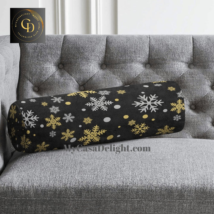 Gold Snowflakes Suede Bolster Pillow | 40.00 MyCasaSeasonal Collection, mycasadelight.com New Jersey, Rugs & Pillows Türkiye