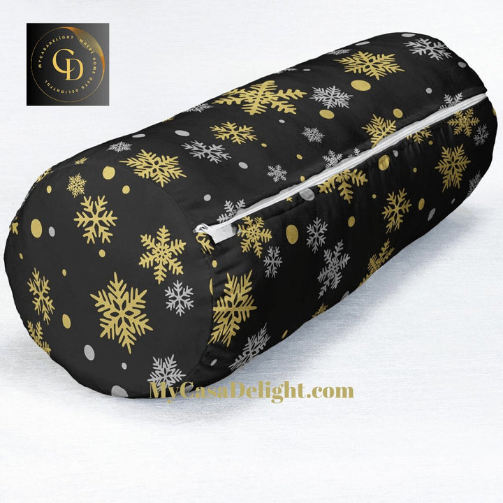 Gold Snowflakes Suede Bolster Pillow | 40.00 MyCasaSeasonal Collection, mycasadelight.com New Jersey, Rugs & Pillows Türkiye